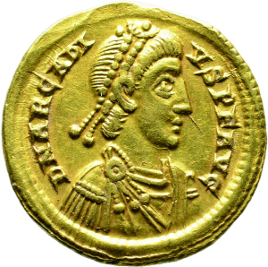 Goldmünze (Solidus) mit Portrait des oströmischen Kaisers Arcadius, ca. 395–402 n. Chr.© Susanne Börner, Numismatische Sammlung, Universität Heidelberg
