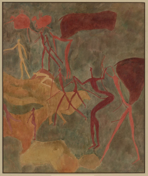 Elenantilopen und langgliedrige Menschen, Südafrika, Harrismith Southeys Hoek,1500 vor - 1500 nach der Zeitenwende, Aquarell von Elisabeth Mannfeld (1929)