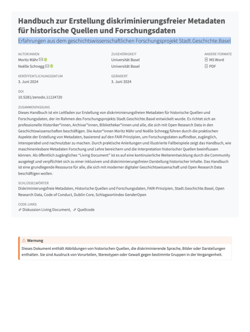 Handbuch zur Erstellung diskriminierungsfreier Metadaten für historische Quellen und Forschungsdaten