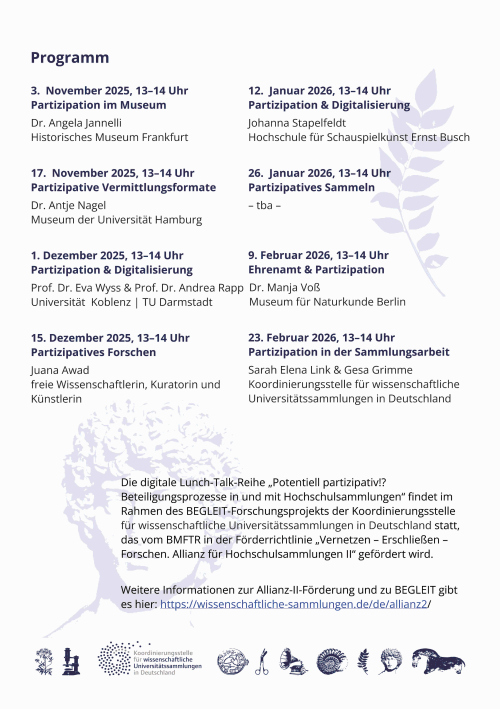 Lunch-Talk-Reihe: Potentiell partizipativ!? Beteiligungsprozesse in und mit Hochschulsammlungen