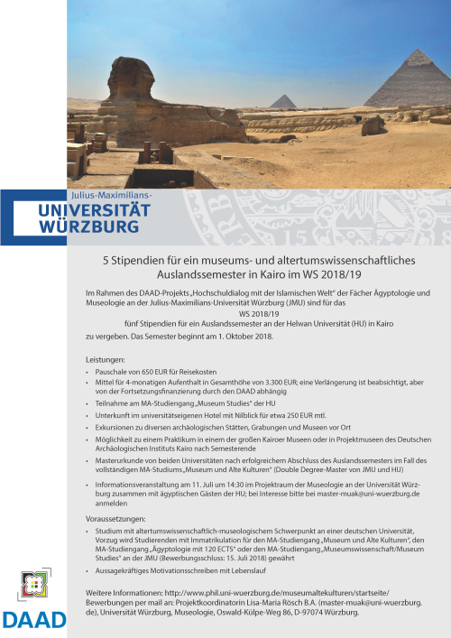 5 Stipendien für ein museums- und altertumswissenschaftliches Auslandssemester in Kairo im WS 2018/19