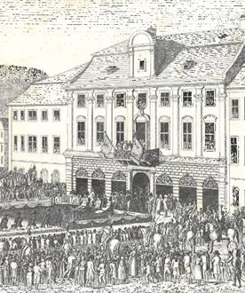 Detail einer Druckgraphik zum Blutgericht über Hölzerlips und seine Gesellen vor dem Heidelberger Rathaus im Juli 1812. Abb. Kurpfälzisches Museum